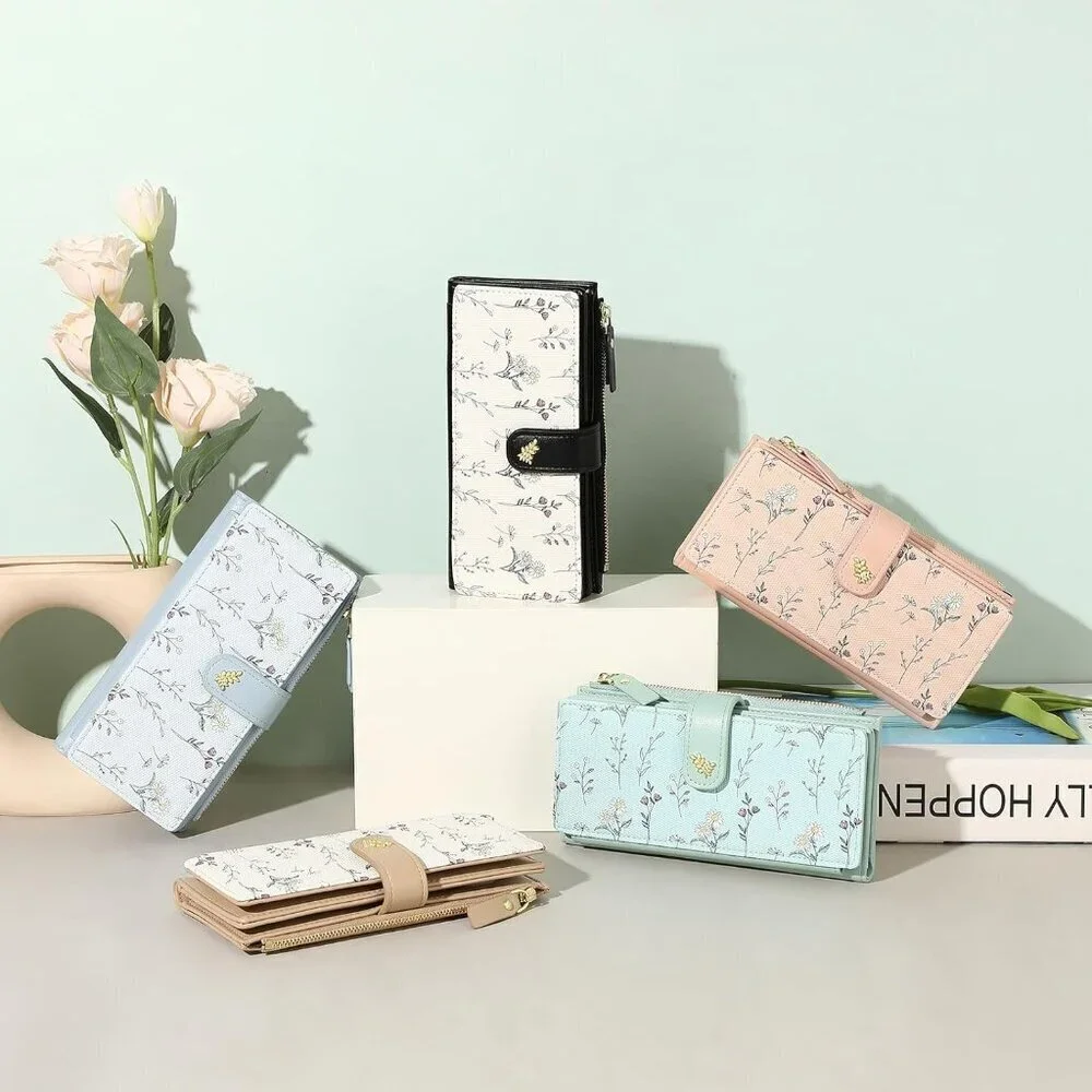 Women's Faux Leather RFID Wallet Trifold Large Capacity Organizer Floral